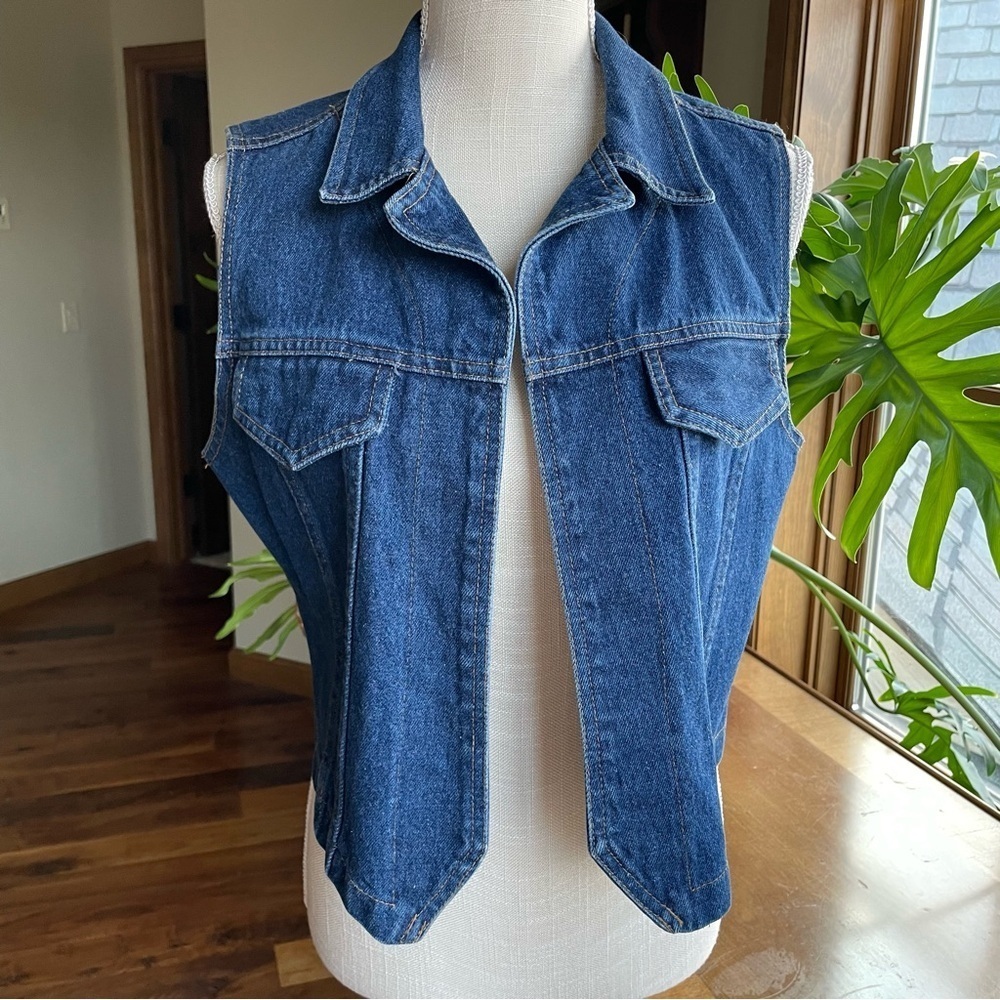 Vintage Blue Medium Wash Denim Western Cotton Open Front Vest size Medium